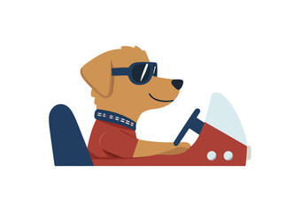 Cool Dog Driving a Red Car Wearing Sunglasses and a Red Shirt Vector Illustration Isolated on White Background for T-Shirt Design Posters Greeting Cards