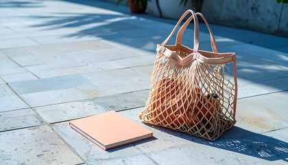 Summer flat lay on a concrete background Peach notepad and an eco-friendly mesh shopping bag
