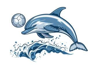Dolphin playing soccer ball and jumping from ocean wave vector illustration isolated on white background good for logo mascot or icon