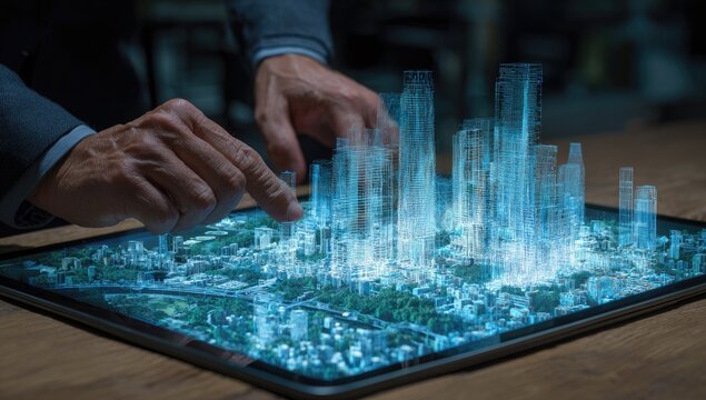 Businessman interacts with holographic city model