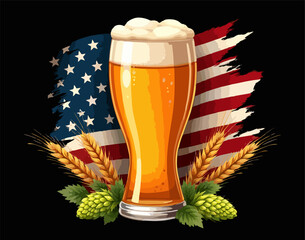 Vector design with drawing of torn national flag of usa, glass of beer, hop cones, wheat spike. 
Fashion t-shirt print for beer party. American pattern 
for fabric, clothing. Harvest rich symbol.