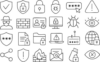 A collection of cybersecurity and data protection icons, each meticulously hand-drawn with a clean, minimalist line art style, conveying safety and security.