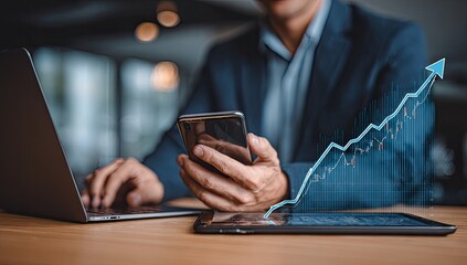Businessman working with laptop, phone, and tablet; charts overlay