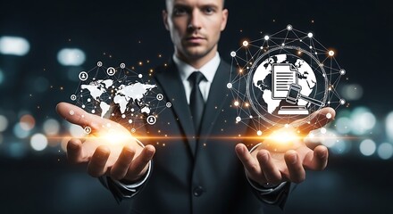 Global Business and Law Concept Presented by a Businessman with Worldwide Network Connection and Digital Justice