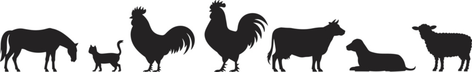 Silhouette of farm animals including horse, cat, rooster, cow, sheep, chicken, goat, rural livestock group vector for agriculture, barnyard, countryside themes