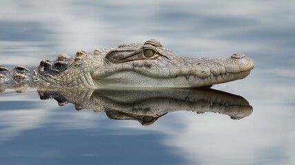 Obraz premium A crocodile glides on calm water, its impressive features reflected in the surface.
