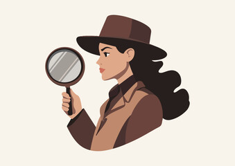 Female Detective Looking Through Magnifying Glass Vector Illustration