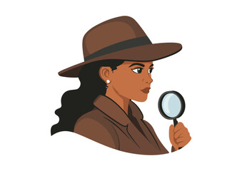 Portrait of a young Black woman detective wearing a brown hat and coat holding a magnifying glass vector illustration isolated on white background concept for