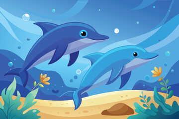 Naklejka premium Cartoon Dolphins Swimming Underwater with Plants and Bubbles in Blue Ocean