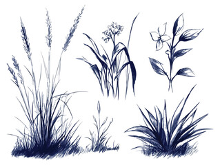 Naklejka premium Hand-Drawn Vector Illustration Set of Grass and Flowers in Indigo Blue Isolated on White Background for Nature Inspired Designs