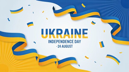 Ukraine Independence Day Celebration Banner, 24 August with Blue and Yellow Ribbon Design