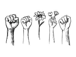 Raised fists and flower power hand drawn vector illustration set isolated on white background concept for protest feminism women rights activism and revolution