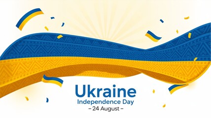 Ukraine Independence Day Celebration Banner, 24 August with Blue and Yellow Ribbon Design