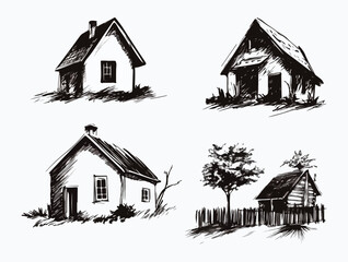 Hand-drawn vector illustration set of various rural houses, barns, and landscapes, featuring traditional and rustic architectural styles, trees, and fences,