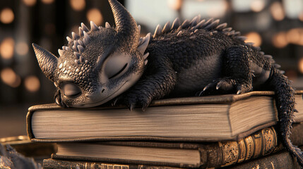Little Black Dragon Sleeping on Books, Cozy Fantasy Cartoon Creature