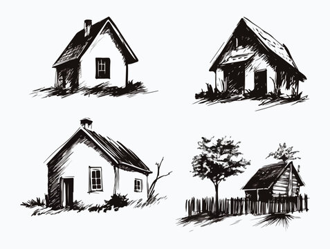 Hand-drawn vector illustration set of various rural houses, barns, and landscapes, featuring traditional and rustic architectural styles, trees, and fences,