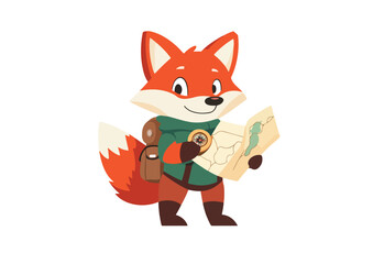 Cute Fox Traveler with Map and Compass Vector Illustration Isolated on White Background Perfect for Travel Adventure and Exploration Designs