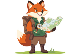 Cute fox traveler or scout with backpack and compass looking at map vector illustration isolated on white background woodland character design for children book