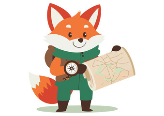 Obraz premium Cute Fox Traveler with Backpack Compass and Map Vector Illustration Isolated on White Background Perfect for Kids Book Travel Company Logo or Mascot Design