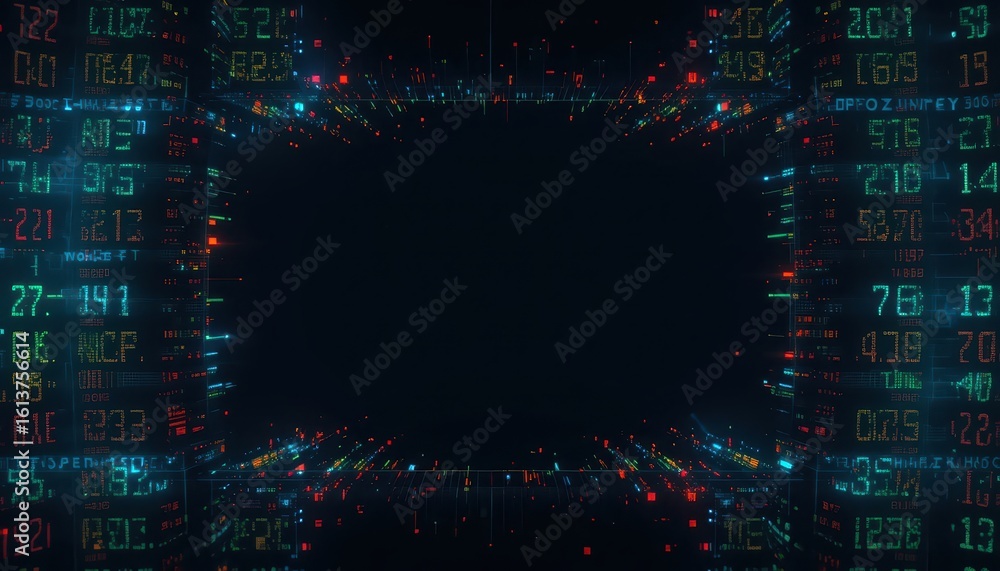 Poster financial stock market data on a digital display with glowing numbers forming a frame.