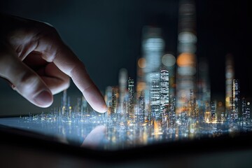 A hand touching a digital city on a tablet