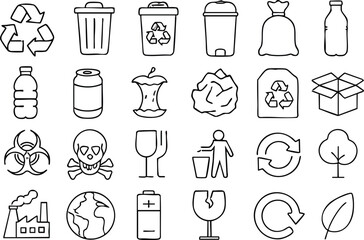 A diverse set of thin line vector icons depicting waste disposal, recycling processes, environmental hazards, and eco-friendly practices.