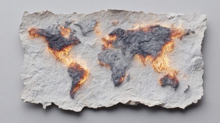 Naklejka premium World Map On Fire On Textured Paper Background. Symbolizes Global Warming And Environmental Crisis