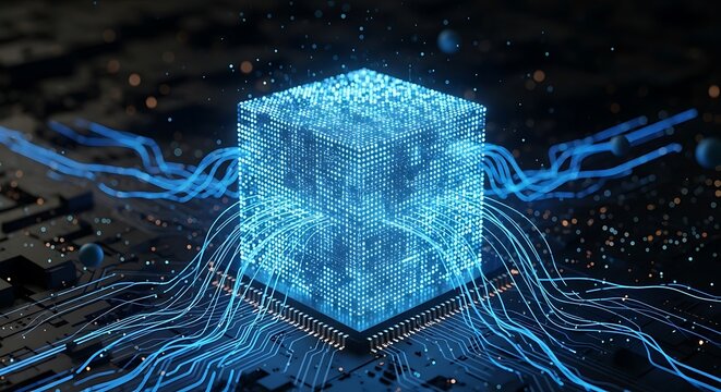 Quantum computing concept with glowing blue cube and data streams highlighting the future of technology and innovation - Powered by Adobe