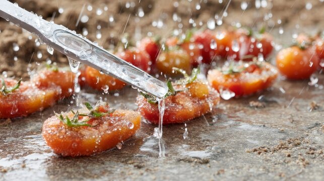 Extreme closeup of water droplets on heirloom tomatoes with a jeweler's loupe inspecting details on a rustic surface, vibrant red and orange hues, textured soil background, capturing freshness and in - Powered by Adobe