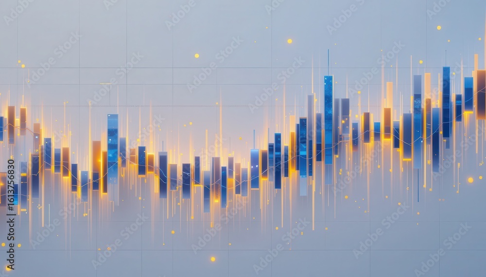 Poster a dynamic financial graph showing data visualization with glowing blue and yellow bar charts