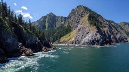   A serene lake surrounded by majestic mountains and lush vegetation, with a tranquil boat anchored in its center