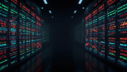 Financial data center corridor with glowing stock market tickers on dark screen walls