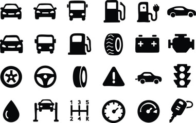 A collection of automotive icons showcases various car-related elements, including vehicles, fuel pumps, tires, and warning signs, illustrating transportation and mechanics.