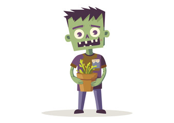Cute Green Zombie Boy Holding a Potted Plant Vector Illustration Isolated on White Background Suitable for Halloween and Gardening Themes