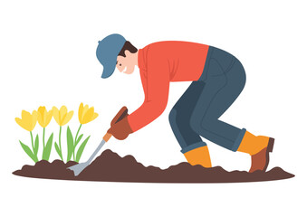 Happy man digging soil with hand rake near yellow tulips vector illustration isolated on white background gardening planting spring farming hobby and