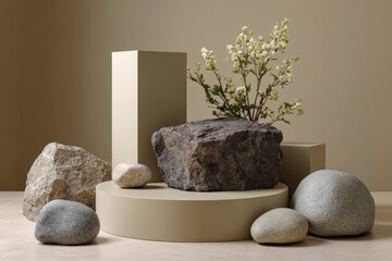 Natural stone arrangement with delicate white flowers and geometric forms