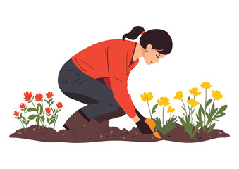 Young woman planting flowers in the garden vector illustration isolated on white background concepts for gardening hobby spring gardening planting flowers plant