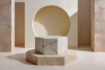 Geometric marble pedestal with archway backdrop