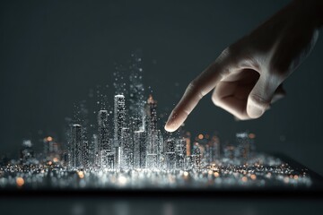 Digital cityscape, hand pointing. A hand points at a digital representation of a city, illuminated with glowing particles