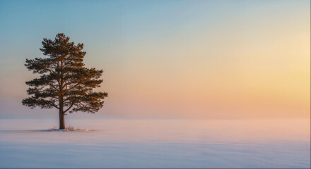 Lonely pine tree stands in a snowy landscape at sunset with pastel hues in the sky
