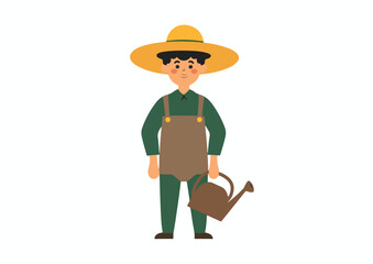 Young farmer holding watering can vector illustration isolated on white background agriculture farming and gardening concept design for print web banner poster