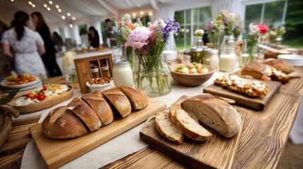 Vibrant farmers market display with fresh breads, colorful flowers, and rustic food ingredients scene