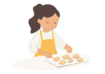 Young Girl Arranging Cookies on Baking Tray Vector Illustration Isolated on White Background Concept for Cooking Baking and Childhood Activities