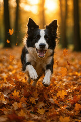 Border collie jumping through autumn leaves forest park golden hour lighting dynamic motion shallow depth of field high quality lifestyle photo active dog outdoor playful pet