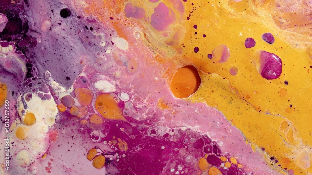 Poster abstract fluid acrylic pour artwork in vibrant tangerine and fuchsia tones with organic cellular pat