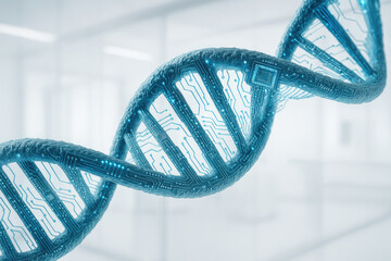 Double helix dna strand fused with digital code microchips sterile white lab background glowing cool blue light sharp high resolution details photorealistic science editorial concept
