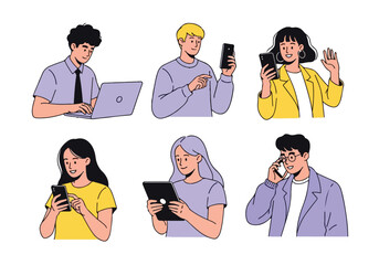Diverse group of people using various electronic devices and gadgets