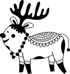 Funny Christmas deer with tree toys. Christmas, New year concept. Cute hand drawn illustration