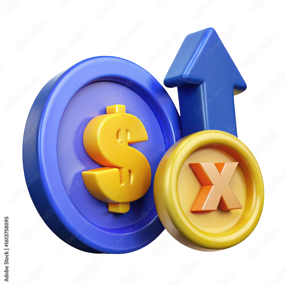 Poster blue coin with dollar symbol and upward arrow isolated on a transparent background currency