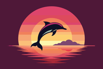Dolphin Jumping at Sunset with Retro Colors and Graphic Style